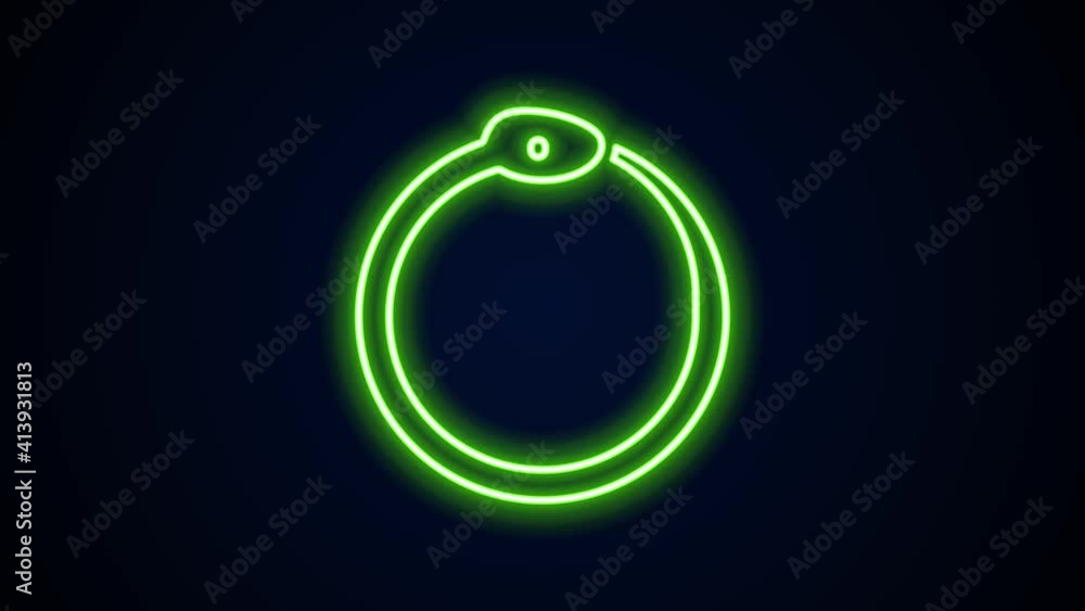 Poster glowing neon line magic symbol of ouroboros icon isolated on black background. snake biting its own 