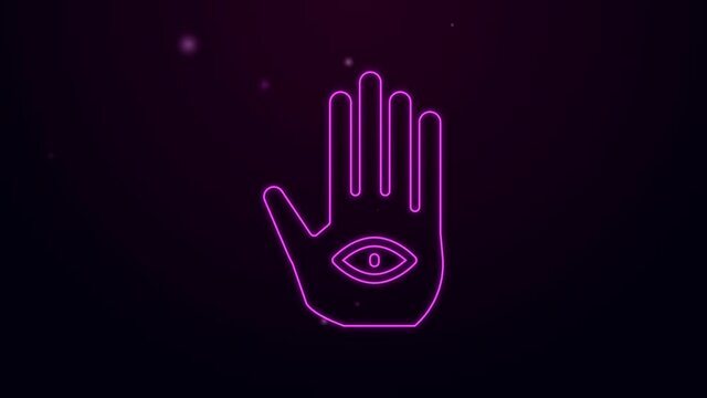 Glowing neon line Hamsa hand icon isolated on black background. Hand of Fatima - amulet, symbol of protection from devil eye. 4K Video motion graphic animation.