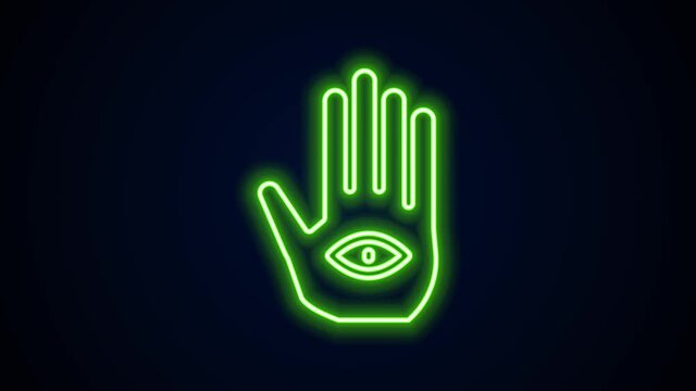 Glowing neon line Hamsa hand icon isolated on black background. Hand of Fatima - amulet, symbol of protection from devil eye. 4K Video motion graphic animation.