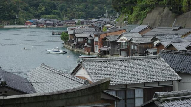 Fisherman Houses in Ine-cho, Pan shot across rooftops in Kyoto Japan
