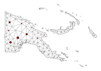 Obraz premium Polygonal mesh lockdown map of Papua New Guinea. Abstract mesh lines and locks form map of Papua New Guinea. Vector wire frame 2D polygonal line network in black color with red locks.