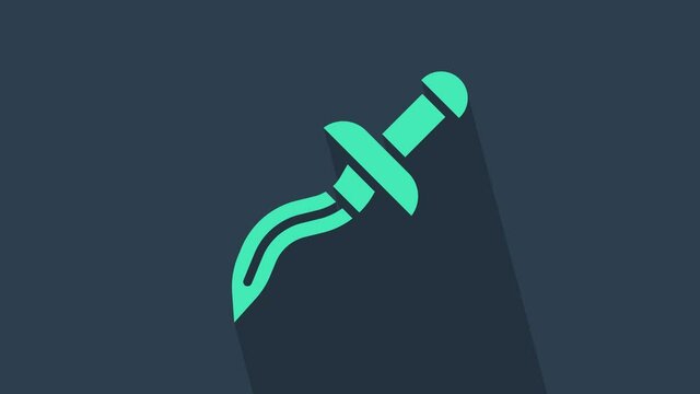 Turquoise Dagger icon isolated on blue background. Knife icon. Sword with sharp blade. 4K Video motion graphic animation.