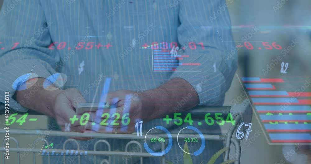 Poster animation of financial data processing over man with shopping trolley using smartphone