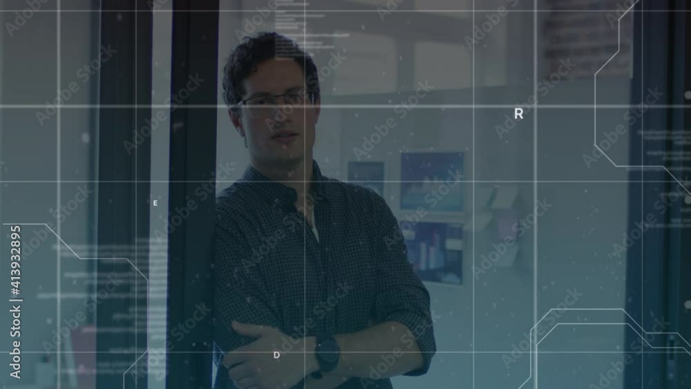 Poster digital composite video of data processing against portrait of caucasian man standing at office