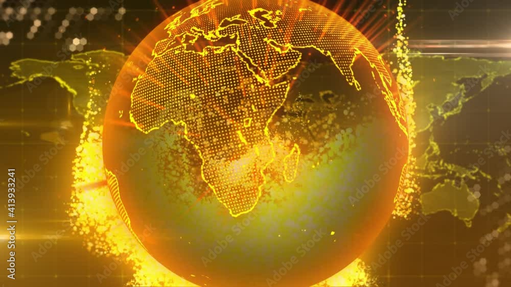 Poster animation of glowing globe rotating with golden starburst and orange graphic elements on black backg
