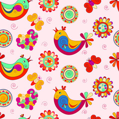 seamless multi-colored pattern with stylized birds, butterflies and flowers on a pink background