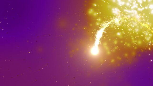 Animation of glowing shooting star moving fast over spots on purple background