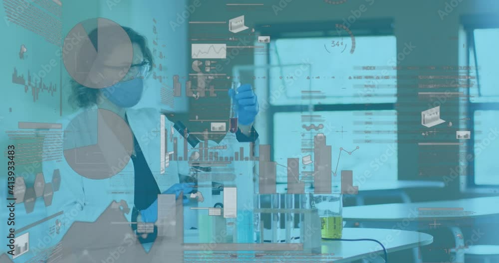 Poster animation of digital interface showing statistics with scientist using microscope wearing face masks