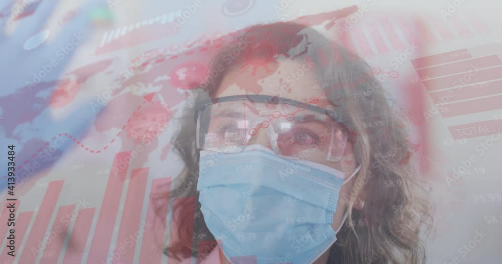 Poster animation of digital interface showing statistics with scientist holding covid-19 vaccine wearing fa