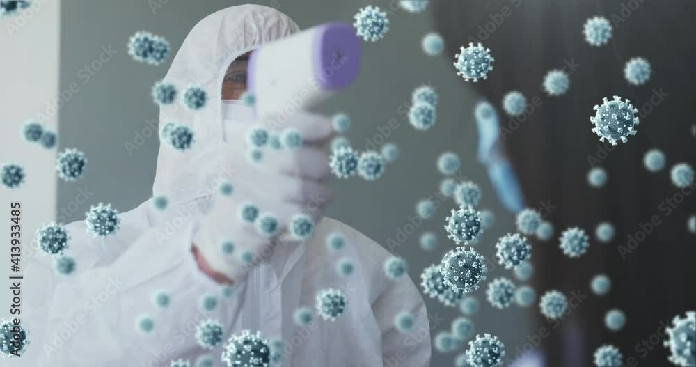 Poster animation of floating covid-19 cells with man checking temperature wearing face masks