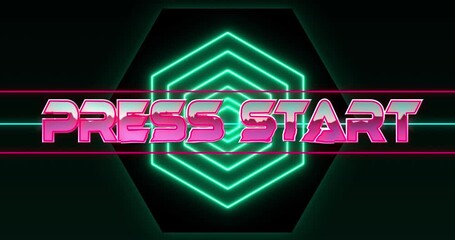 Animation of press start text in pink metallic letters over pink and green lines and green hexagons - Powered by Adobe