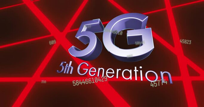 Animation of 5g 5th generation text and numbers changing over glowing red lines background