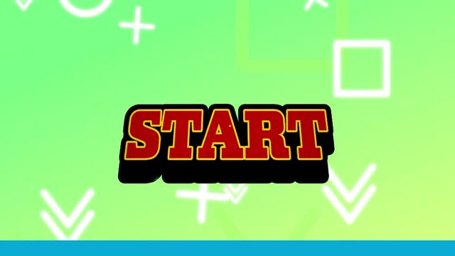 Animation of start text in red letters over white shapes on green background