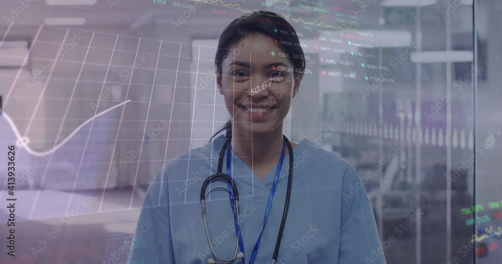 Poster animation of digital interface showing statistics with female doctor looking at camera and smiling