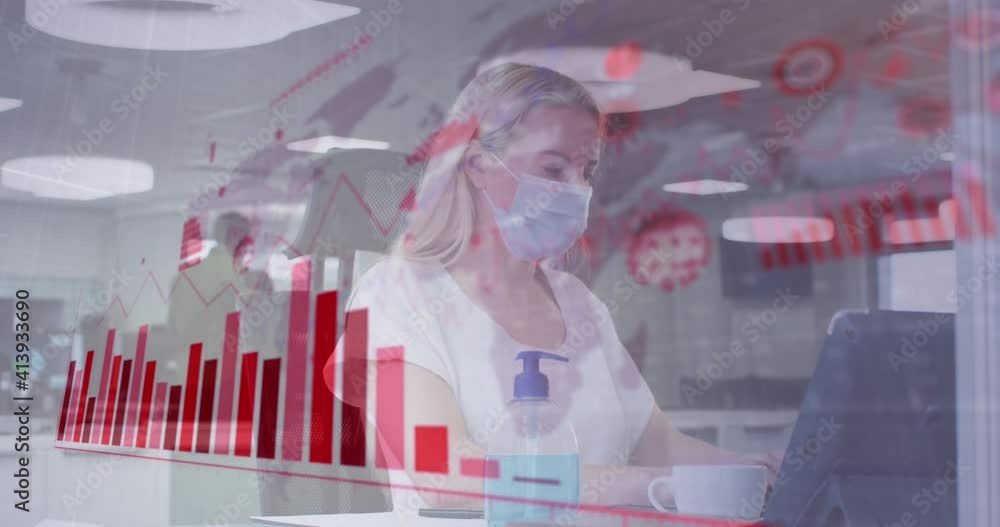 Aufkleber animation of digital interface showing statistics with colleagues in office wearing face masks