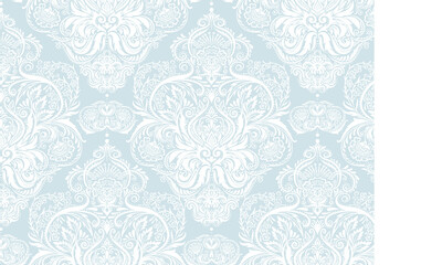 Tradition floral seamless pattern, damask vintage ornament. Royal victorian flourish wallpapper, luxury textile. Vector illustration. In blue and white colors.