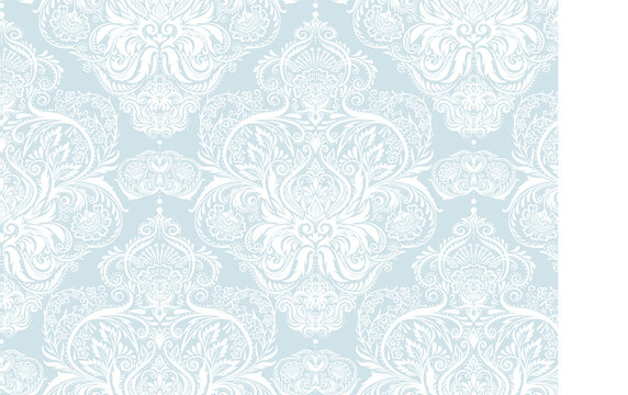 Tradition floral seamless pattern, damask vintage ornament. Royal victorian flourish wallpapper, luxury textile. Vector illustration. In blue and white colors.