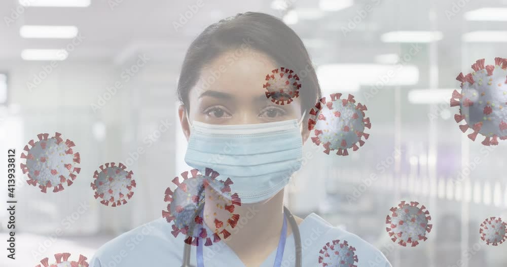 Poster animation of floating covid-19 cells with scientist looking at camera wearing face masks
