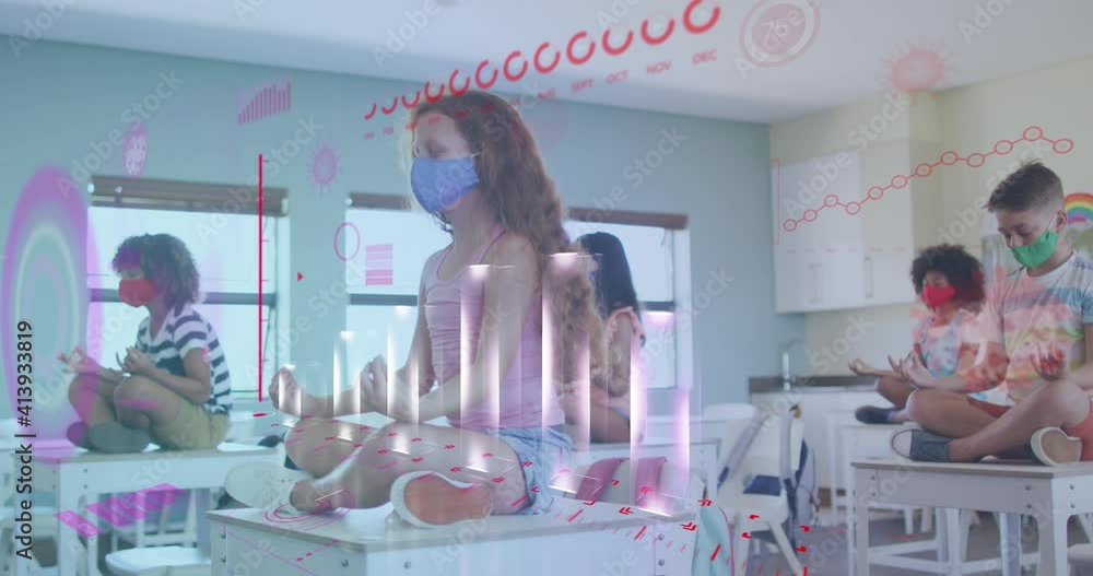Poster animation of digital interface showing statistics with colleagues in office wearing face masks