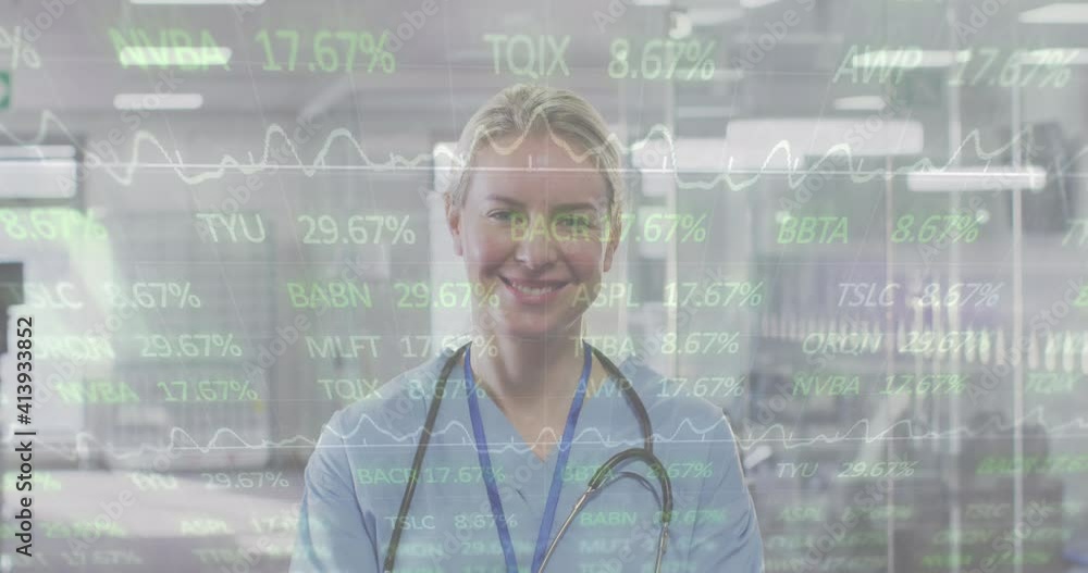 Poster animation of digital interface showing statistics with doctor looking at camera and smiling