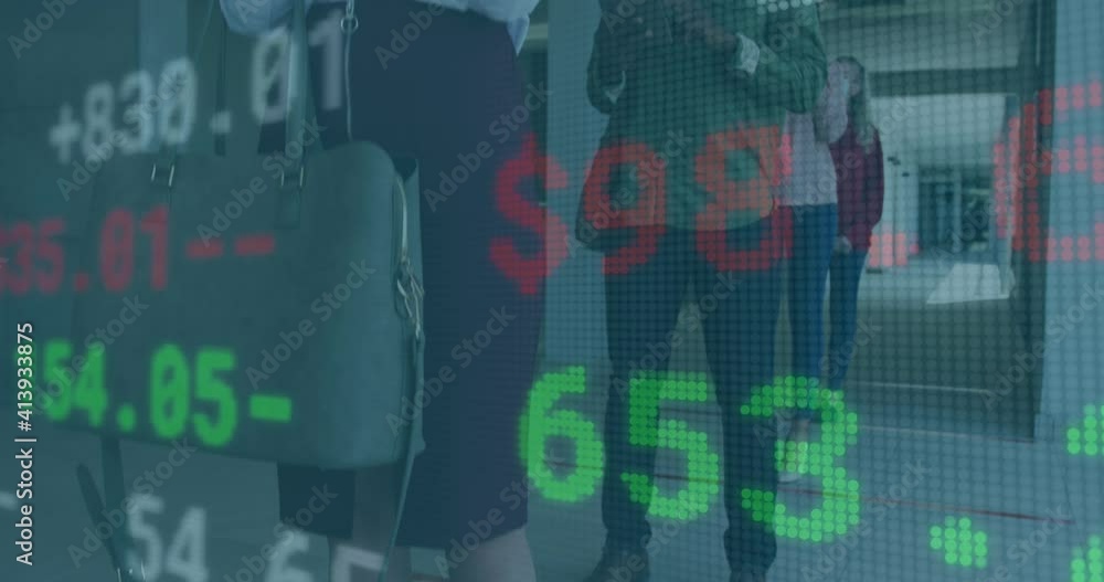 Poster animation of digital interface showing statistics with colleagues in office wearing face masks