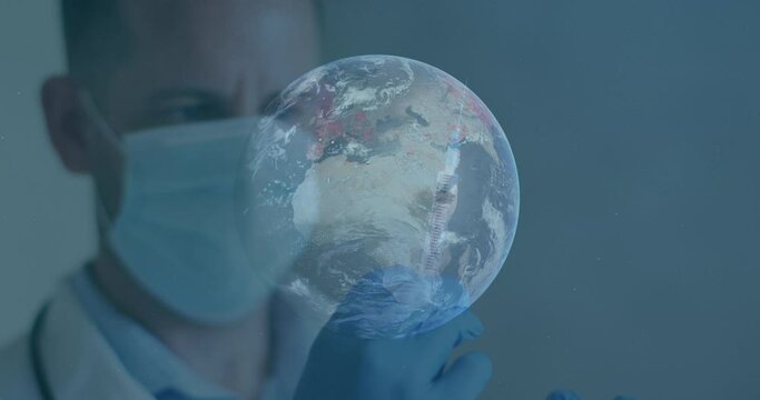 Animation of globe spinning with doctor poking syringe wearing face masks