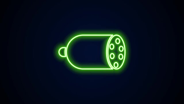 Glowing neon line Salami sausage icon isolated on black background. Meat delicatessen product. 4K Video motion graphic animation.