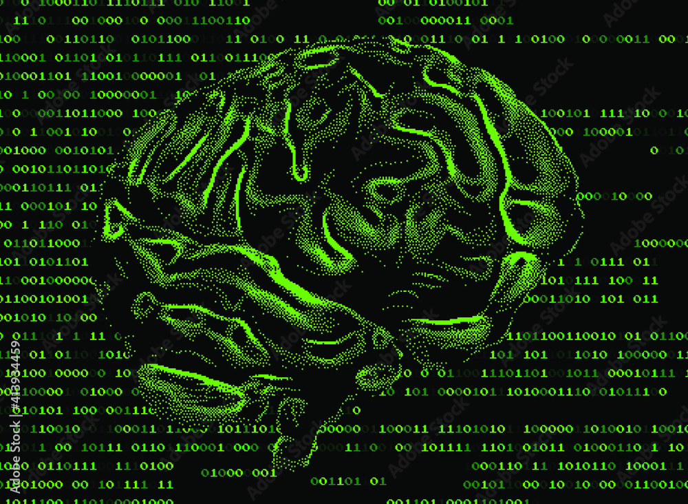 Aufkleber Human brain on the dark background with binary code. 3D illustration of the cerebrum made in refrofuturistic cyberpunk pixel art style.