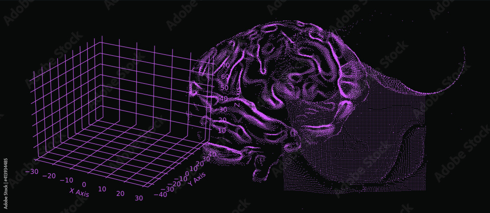 Poster 3D vector illustration of brain made of pixels and particles. Concept of neural network, neurology and neuroscience.