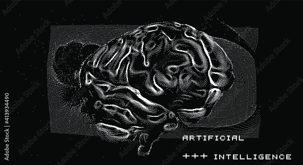 Aufkleber 3D vector illustration of brain made of pixels and particles. Concept of neural network, neurology and neuroscience.