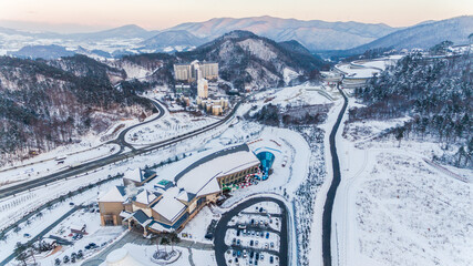 Alpencia, South Korea, 2016 - Olympic Village for the 2018 Winter Olympics. View from above. Winter. - obrazy, fototapety, plakaty