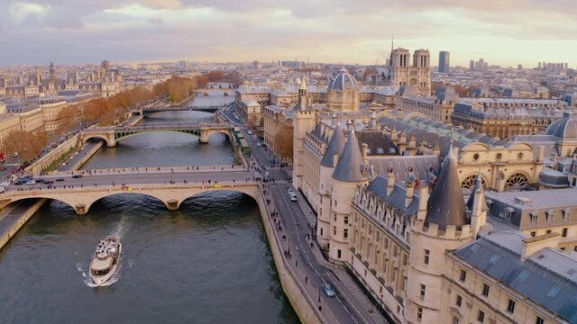 Aerial drone flight over Paris, France Seine River