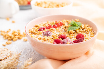 Wheat flakes porridge with milk, raspberry and currant in ceramic bowl on gray concrete background. Side view, selective focus.