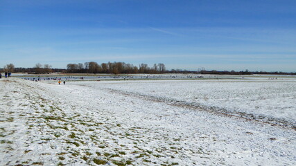 Auf den zugefrorenen Rheinwiesen im Uedesheimer Rheinbogen laufen viele Leute Schlittschuh. Nach...