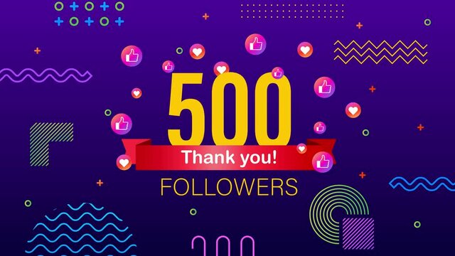 Thank you 500 followers numbers. Congratulating multicolored thanks image for net friends likes. Motion graphics.