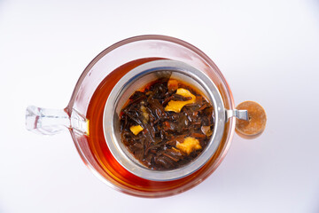 White woman hands with red nails, Cup of Tea, on white background with chocolate Tablet, croissant, chocolate puff pastry, sugar puff pastry, whole grain panela