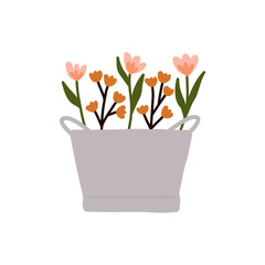 Hand drawn Cute spring Bouquet flower in vintage bucket pot illustration