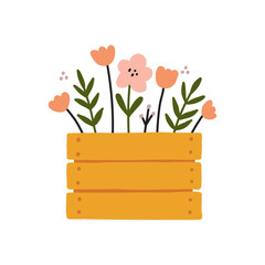 Box of Gardening tools Planting and growing element Wooden box with spring flowers bouquet illustration