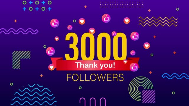 Thank you 3000 followers numbers. Congratulating multicolored thanks image for net friends likes. Motion graphics.