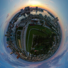 Spherical, Little Planet-Style Panorama of the Harbor Area of the City of Baltimore in the Morning
