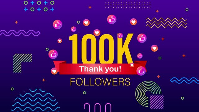 Thank you 100 followers numbers. Congratulating multicolored thanks image for net friends likes. Motion graphics.