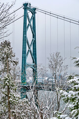 Suspension bridge over the ocean bay in winter. Lions gate bridge in a foggy snowy day between Stanley park and North Vancouver. British Columbia. Canada 