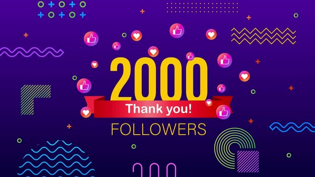 Thank you 2000 followers numbers. Congratulating multicolored thanks image for net friends likes.