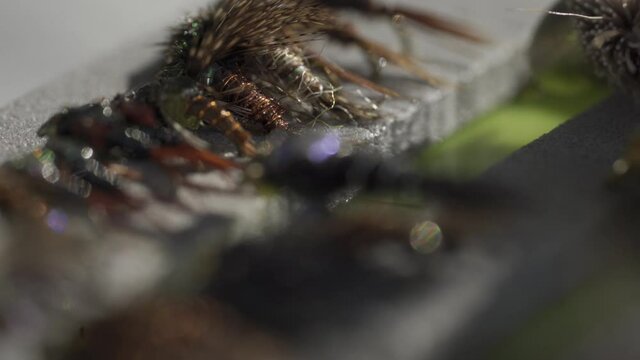 Macro Zoom In Shot Of Brown Tied Wet Nymph Pattern Flies, Trout Fly Fishing Tackle Box