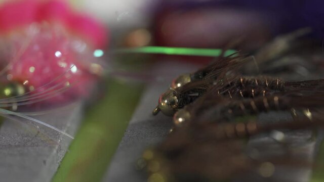 Macro Shot Of Wet Nymph Pattern Trout And Salmon Fly Fishing Flies, Tied From Hackle In Lure Box