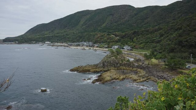 Hokojima coastline in Fukui Prefecture Japan. Sea of Japan Establishing Shot