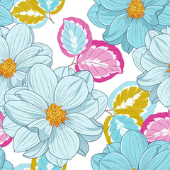 Seamless pattern with dahlia flowers and calathea leaves