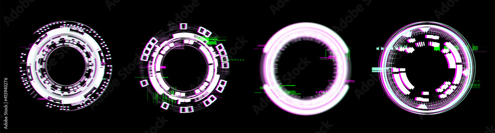 Poster Glitch circle frames in HUD. Digital frames with neon light effect and effect decay. Futuristic Circle Template with pixel noise. Glitch HUD glowing circles of computer or television pixels noise