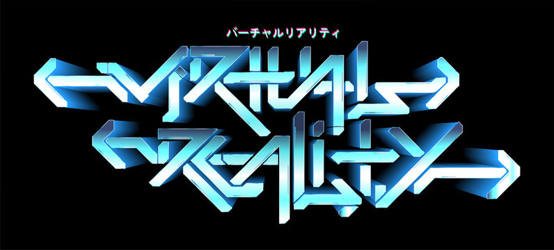 Digital graffiti text - virtual reality. Future lettering 3D in cyberpunk style. Graphic digital text. Hi-tech graffiti isolated in black background. Translated from Japanese - virtual reality. Vector