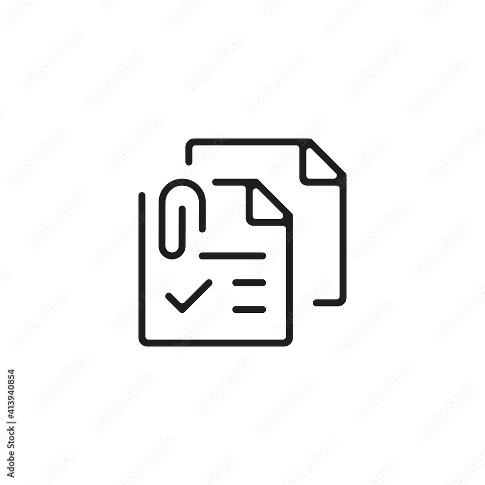 Poster documents and clip icon. page with check mark and paper clip. vector line icon